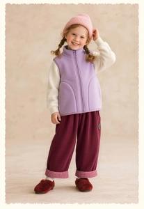 Girl's purple fleece vest set with embroidered corduroy pants and knit top detail