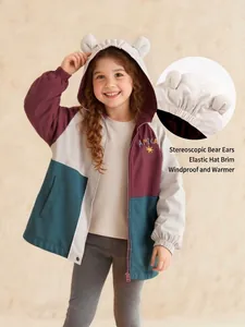 Girl's hooded windproof jacket with color blocking, bear ears, and warm elastic cuffs