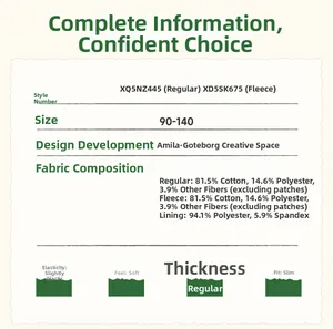 Size chart for girls' cotton denim pants showing fabric blend and fit specifications