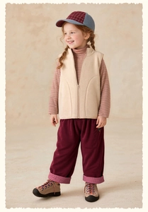 Full-body shot of a girl wearing a fleece vest, striped shirt, and corduroy pants outfit
