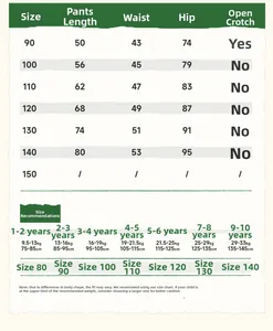 Detailed size chart for girls' denim pants showing length, waist and height recommendations