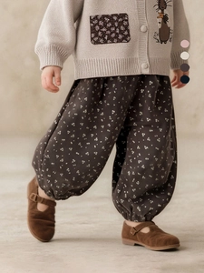 Girls dark brown floral bloomers with cozy cream knit cardigan for autumn style