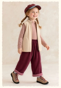 Detail of girls' beige fleece vest with striped shirt and red corduroy pants outfit