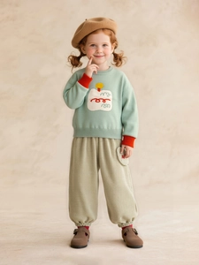 Girls mint knit sweater and olive corduroy joggers set with cake embroidery