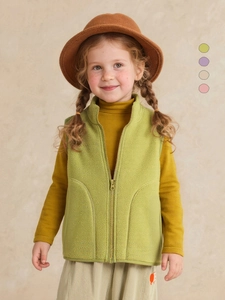 Cute green fleece vest for girls featuring a stand collar and soft warm fabric texture