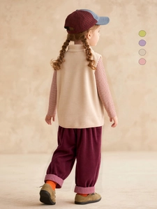 Girls cute fleece vest set with striped long sleeve shirt and corduroy pants outfit