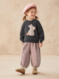 Girls cute bunny grey sweatshirt and floral pink pants two-piece autumn outfit set