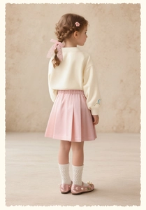 Vue arrière du sweat-shirt beige pour fille et jupe plissée rose brodée de fleurs