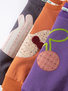 Cute bunny and cherry embroidered cotton sweatshirts for girls in grey, orange, and purple