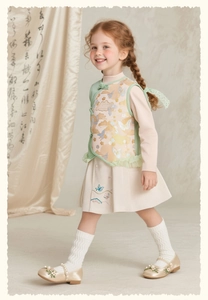 Détails de l'ensemble gilet brodé et jupe plissée pour fille de style chinois traditionnel