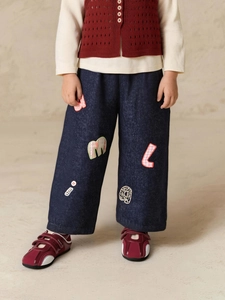 Kids Girls Cute Alphabet Patchwork Denim Jeans Elastic Waist Relaxed Wide Leg Soft Cotton Pants Autumn Winter Outfits