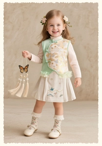 Détail de broderies chinoises traditionnelles de fleurs et papillons sur jupe fille