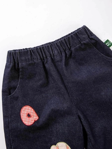 Girls dark blue denim trousers with elastic waistband and embroidered letter patch