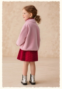 Giacca in pile rosa da bambina con gonna in velluto rosso e stivali argento vista laterale