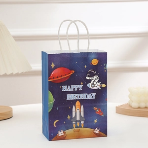 Sac cadeau astronaute en papier kraft avec imprimé Happy Birthday et anses