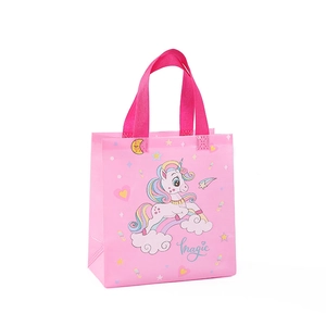 Pink waterproof non-woven shopping bag featuring a magic unicorn and rainbow design