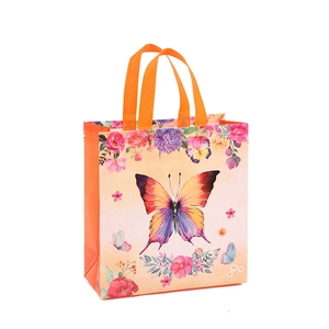 Borsa in tessuto non tessuto impermeabile con stampa di farfalle e fiori arancio