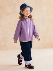 Giacca in pile viola per bambina con ricamo a coniglio e pantaloni di velluto
