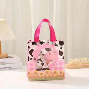 Sacchetto regalo rosa in tessuto non tessuto con mucca cartoon e manici con motivo mucca