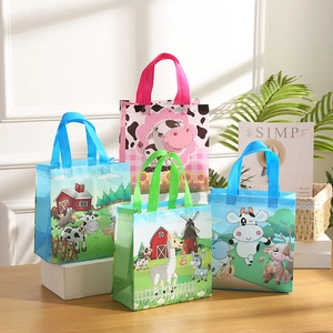 Borsa a Mano in Tessuto Non Tessuto con Animali della Fattoria Cartoon Simpatica Mucca Alpaca Borsa Regalo per Festa di Compleanno Shopping Bag Impermeabile
