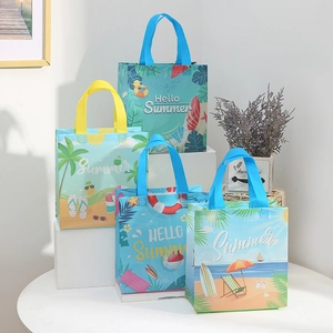 Summer Beach Non-Woven Tote Bag Foldable Shopping Gift Bag With Handles Hello Summer Pattern Waterproof For Party Shopping Women