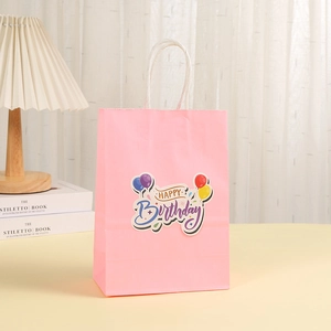 Sacchetto regalo rosa per compleanno con manici a corda e decoro a palloncini