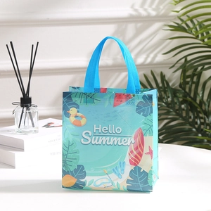 Teal Summer beach non-woven tote bag with Hello Summer print and surfboards