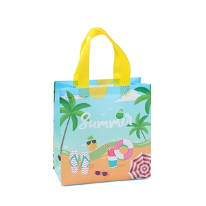 Foldable beach theme non-woven shopping bag with yellow handles and summer print