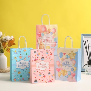 Happy Birthday Paper Gift Bags Kraft Paper Handbag With Rope Handle Cartoon Cake Balloon Pattern Party Favor Bag For Celebration