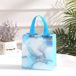 Waterproof non-woven marble shopping bag with gold texture and blue carry handle