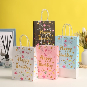 Happy Birthday Paper Gift Bags With Handles For Party Favors Gold Lettering Print Portable Treat Wrapping Bag Party Decor