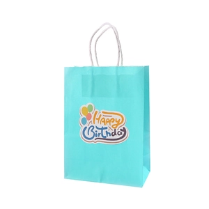 Sacchetto regalo di compleanno blu in carta kraft con manici bianchi e decori colorati
