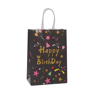 Black paper birthday gift bag with Happy Birthday print and white rope handles