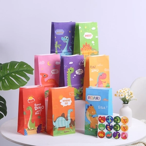 Sacs Cadeaux en Papier Kraft Dinosaure de Dessin Animé Avec Autocollants pour Anniversaire d'Enfants Emballage de Bonbons