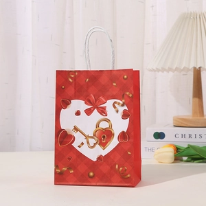 Red kraft gift bag with heart pattern and golden lock illustration for Valentine's Day