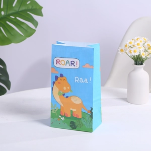 Sac cadeau dinosaure bleu en papier kraft avec illustration et texte Roar