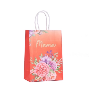 Florale orangefarbene Geschenktüte mit weißem Mama-Schriftzug für Muttertag