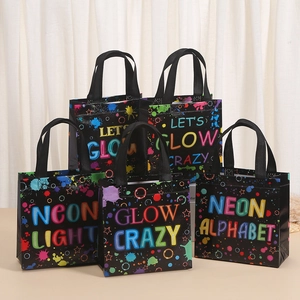 5-pack neon glow party gift bags with colorful splatter design and black handles