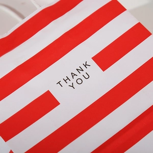 Red and white striped kraft paper gift bag with THANK YOU print and paper texture