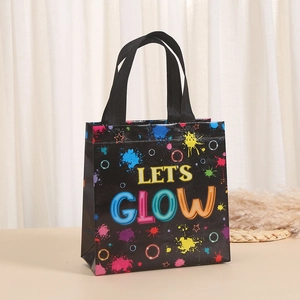 Detail of waterproof non-woven gift bag with colorful Let's Glow neon print and handle