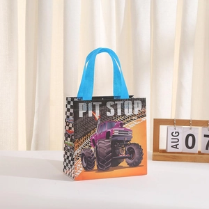 Monster truck racing non-woven gift bag with PIT STOP print and orange racing car pattern