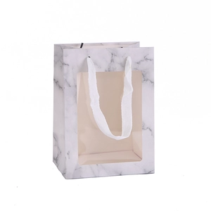 Premium marble pattern paper gift bag with large transparent window and ribbon handle