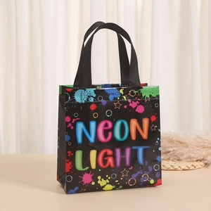 Detail of waterproof non-woven gift bag with colorful Neon Light print and wide handles