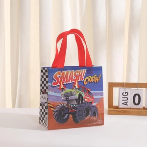 Detail of racing monster truck non-woven gift bag with checkered patterns and red handles