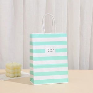 Mint green and white striped kraft paper gift bag with handles and Thank You print