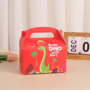Boîte cadeau rouge dinosaure avec poignée pour fêtes d'enfants et emballage gâteaux