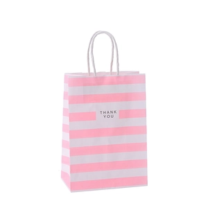 Pink and white striped kraft paper gift bag with white rope handle and Thank You print