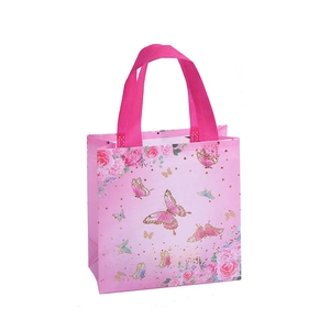 Rosa Geschenktüte aus Vliesstoff mit Schmetterlingen und Rosen für Geburtstagsfeiern