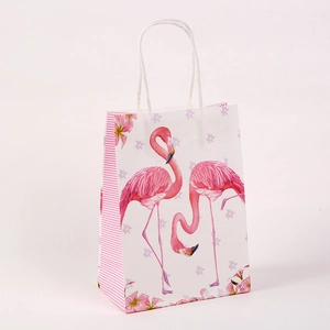 Detail of premium white paper gift bag with pink flamingo motifs and striped side panels