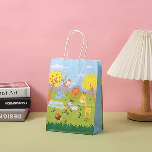Detail of kraft paper party gift bag with animal illustrations and white rope handles